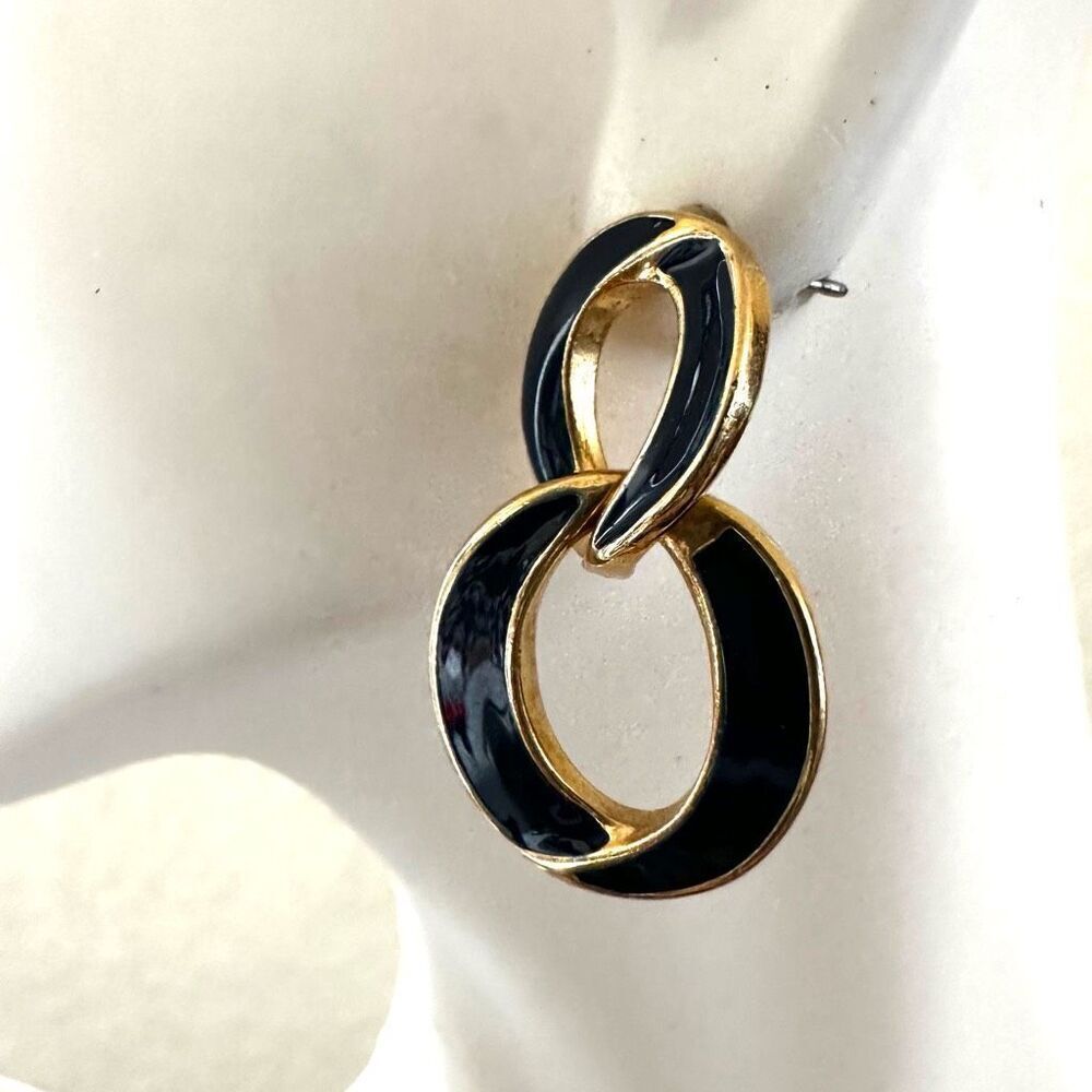 Blue and gold tone double circle drop earrings - Picture 4 of 6